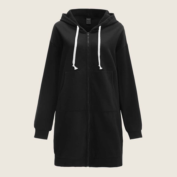 

Drawstring Zipper Front Kangaroo Pocket Hooded Sweatshirt, Black