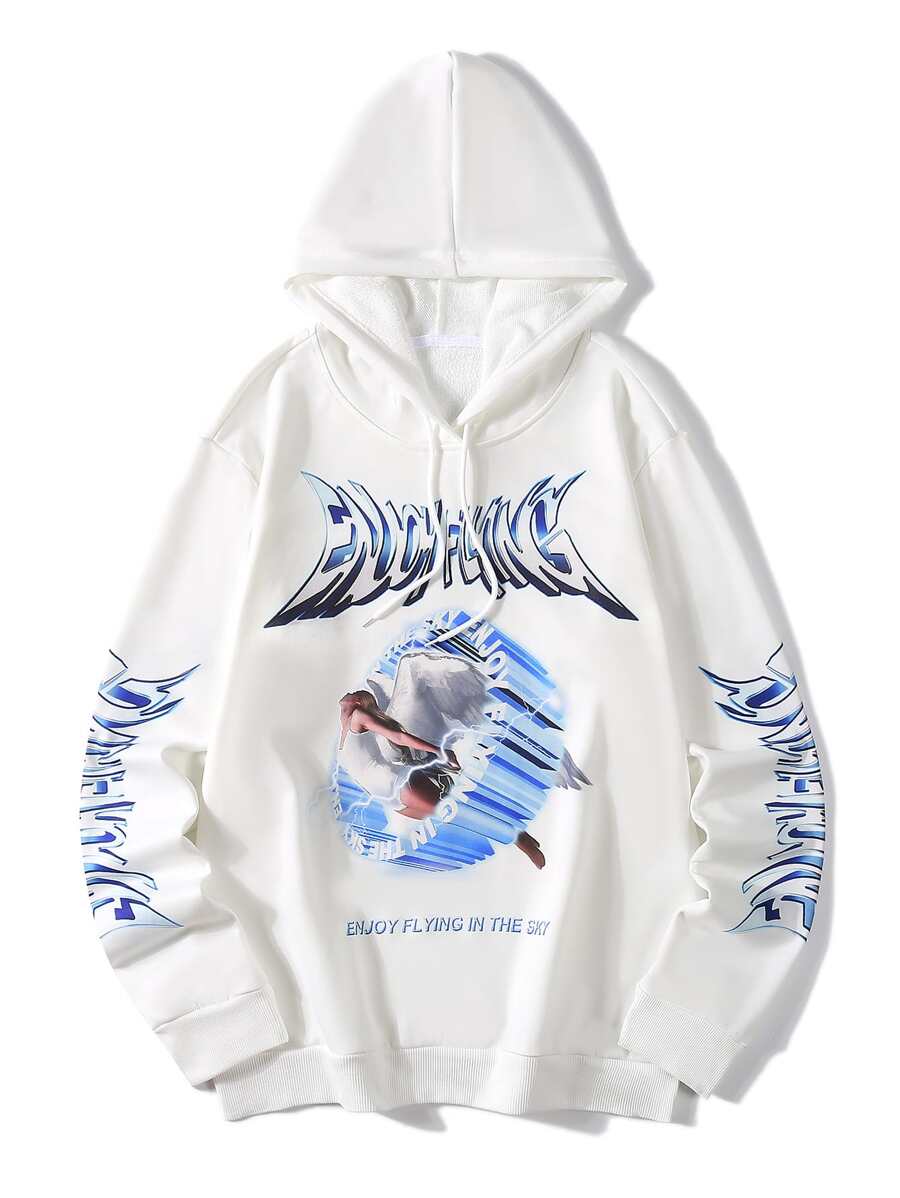 Manfinity 男士字母和人像圖案連帽衫 - 白色 - 查看 1