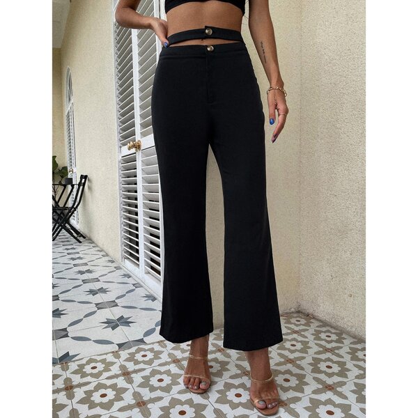 

Buttoned Strap Detail High Waist Boot-cut Pants, Black