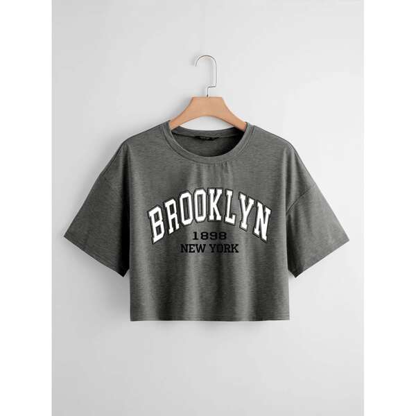 

Letter Graphic Drop Shoulder Crop Tee, Dark grey