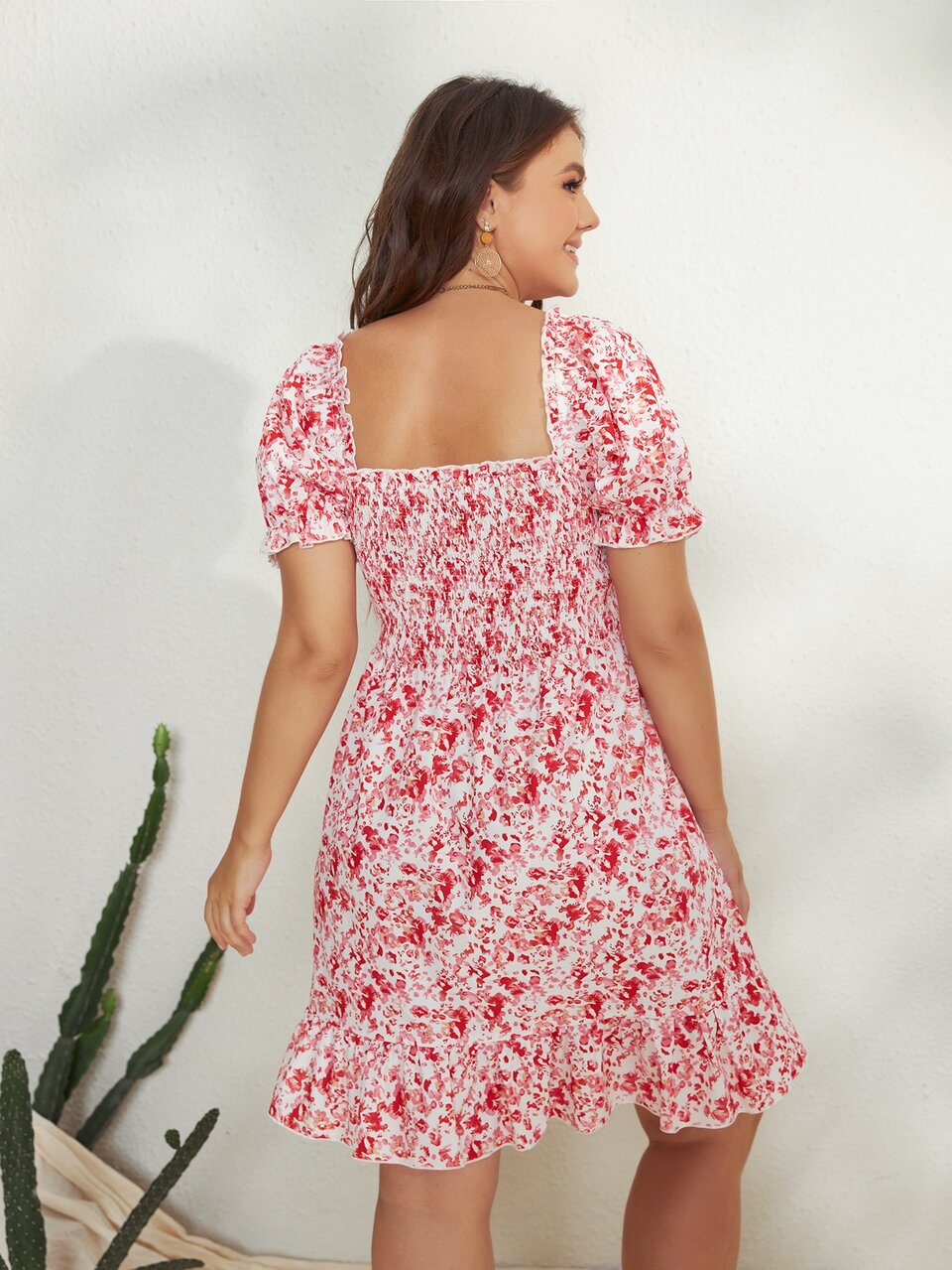 Plus Allover Floral Shirred Dress