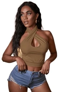 SHEIN SXY Camiseta Corta Sin Mangas Estilo Halter Con Diseño De Recorte En Cruz En La Parte Delantera - Caqui - Ver 1