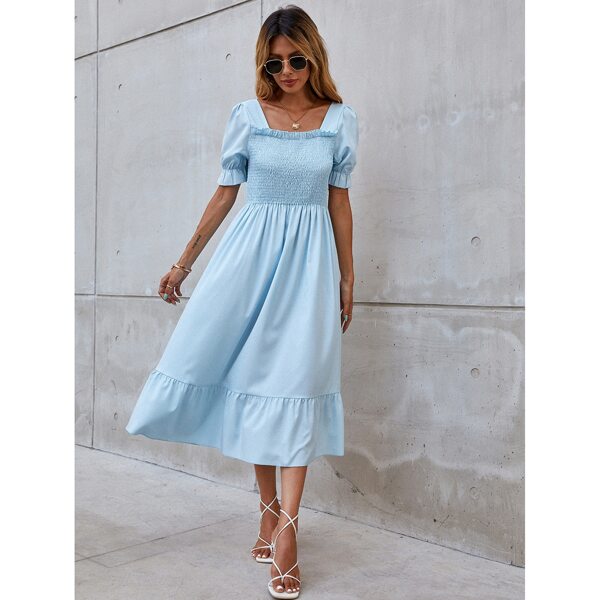 

Square Neck Puff Sleeve Shirred Waist Milkmaid Dress, Baby blue
