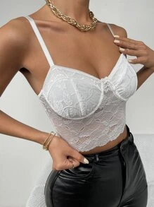 短款蕾絲吊帶上衣 - 白色 - 查看 3