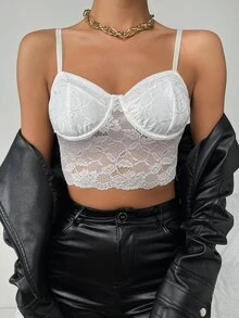 短款蕾絲吊帶上衣 - 白色 - 查看 5