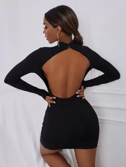 SHEIN SXY Solid Color Sexy Buttons Backless Dress