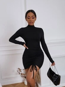 Slaydiva Backless Drawstring Ruched Bodycon Dress - Black - View 6