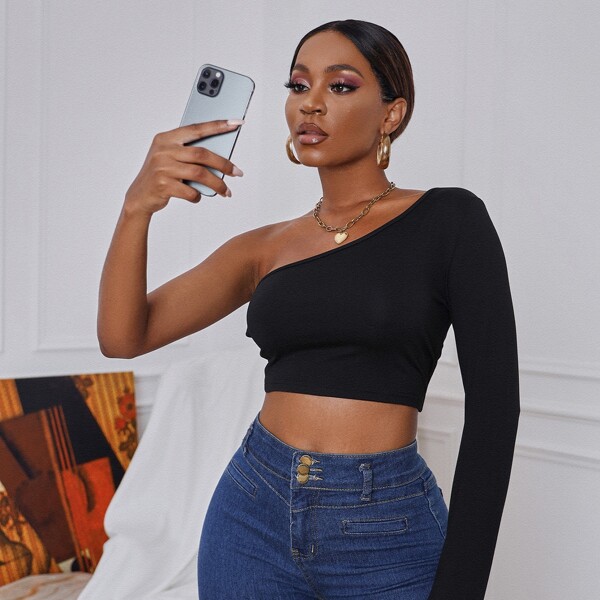 

One Shoulder Backless Crop Tee, Black