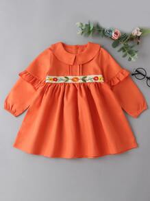 Toddler Girls Floral Embroidery Ruffle Trim Dress - Orange - View 1
