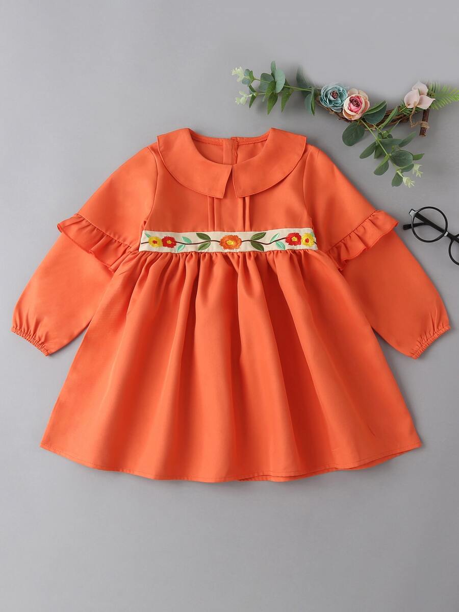 Toddler Girls Floral Embroidery Ruffle Trim Dress - Orange - View 1