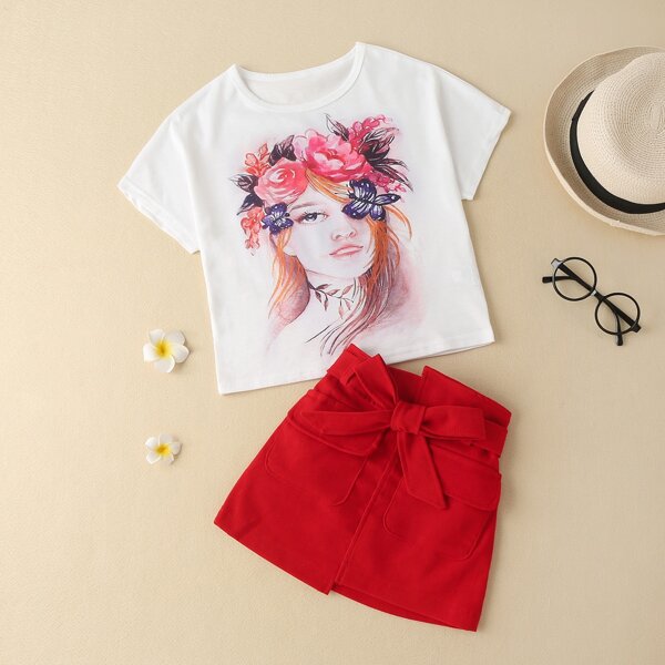 

Toddler Girls Floral & Figure Graphic Tee & Self Belted Skirt Set, Red and white
