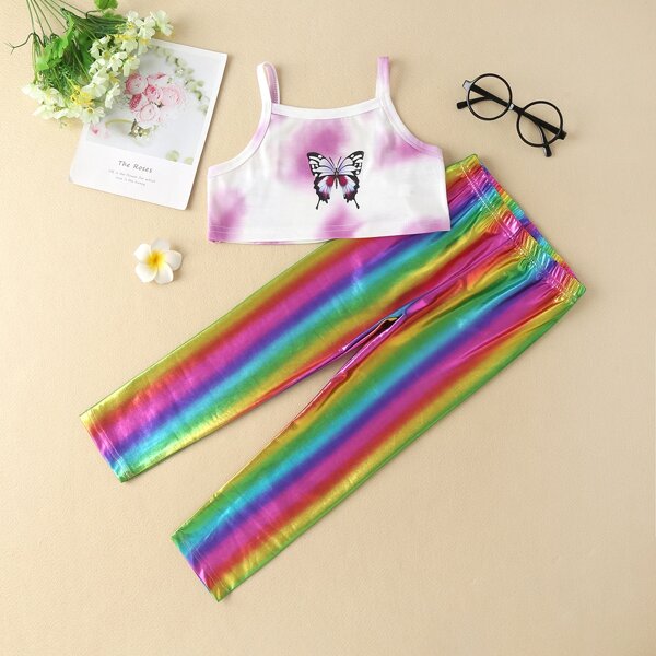 

Toddler Girls Butterfly Print Cami Top & Rainbow Stripe Leggings, Multicolor