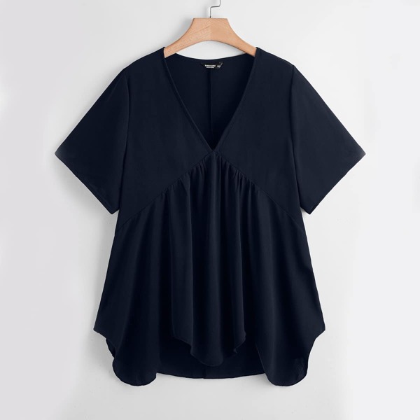 

Plus Solid V-neck Asymmetrical Hem Blouse, Navy blue