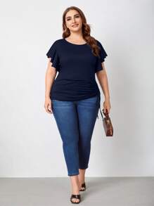 SHEIN Unity Áo thun Plus size Dây kéo Xù màu trơn Giải trí - Màu xanh hải quân - Xem 3
