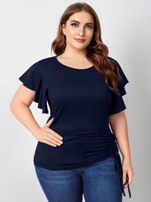 SHEIN Unity Áo thun Plus size Dây kéo Xù màu trơn Giải trí - Màu xanh hải quân - Xem 4