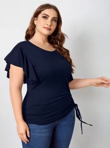 SHEIN Unity Áo thun Plus size Dây kéo Xù màu trơn Giải trí - Màu xanh hải quân - Xem 5