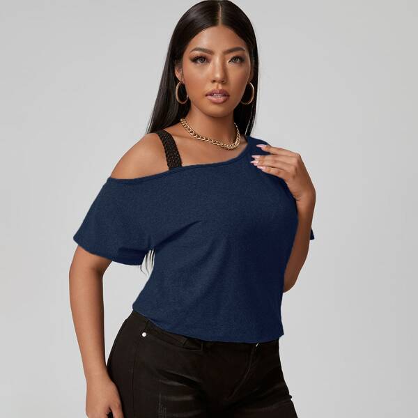 

Plus Asymmetrical Neck Longline Tee, Navy blue