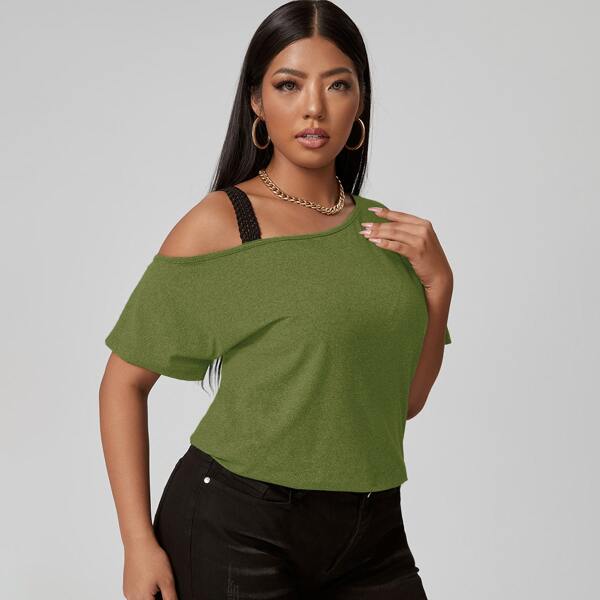 

Plus Asymmetrical Neck Longline Tee, Green
