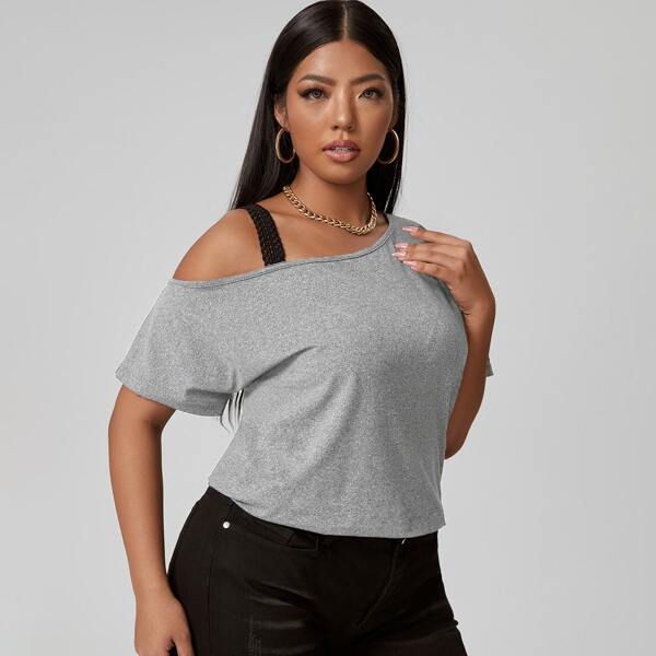 

Plus Asymmetrical Neck Longline Tee, Light grey