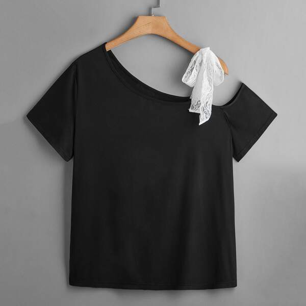 

Plus Contrast Lace Asymmetric Neck Tee, Black