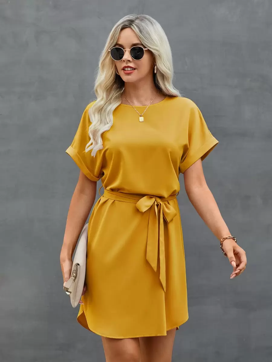 SHEIN Clasi Solid Self Tie Tunic Dress - Mustard Yellow - View 1