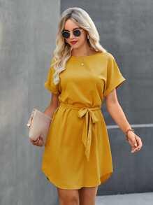 SHEIN Clasi Solid Self Tie Tunic Dress - Mustard Yellow - View 3