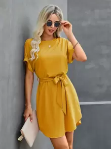SHEIN Clasi Solid Self Tie Tunic Dress - Mustard Yellow - View 4