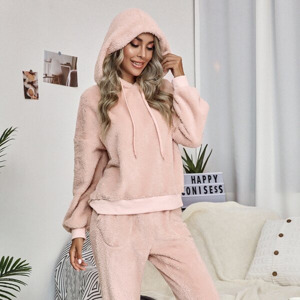 

Solid Teddy Sweatshirt And Pants Set, Baby pink