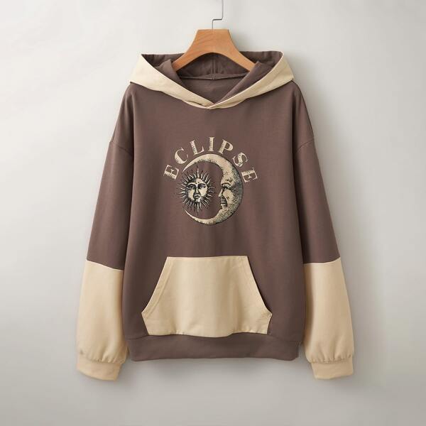 

Colorblock Moon And Sun Print Kangaroo Pocket Hoodie, Brown