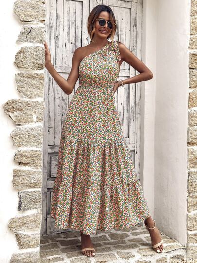 فستان بخط A بكتف واحد مزهر شامل