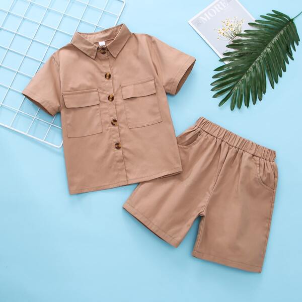 

Toddler Boys Flap Pocket Solid Shirt & Shorts, Khaki