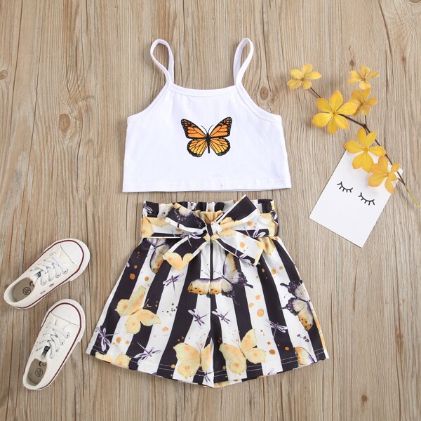 

Toddler Girls Butterfly Print Cami Top & Paperbag Waist Shorts Set, Black and white