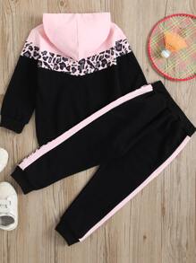 SHEIN 小女童拼色豹紋拼塊連帽衫和衛褲套裝 - 彩色 - 查看 2