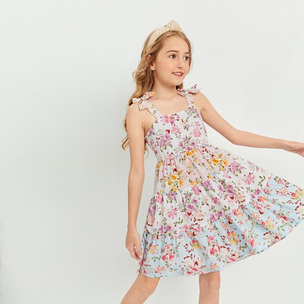 

Girls Allover Floral Print Bow Shoulder Flounce Hem Cami Dress, Multicolor