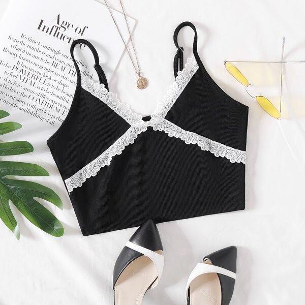 

Lace Trim Rib Knit Cami Crop Top, Black