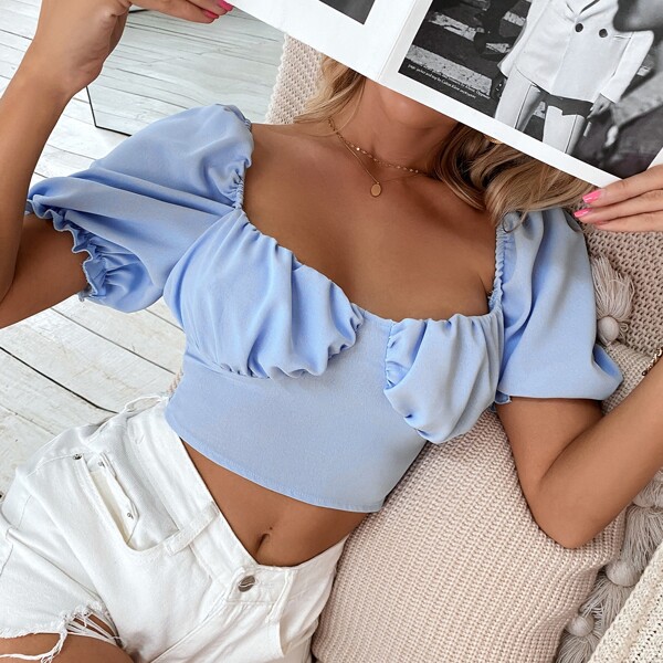 

Sweetheart Neck Puff Sleeve Tie Back Top, Baby blue