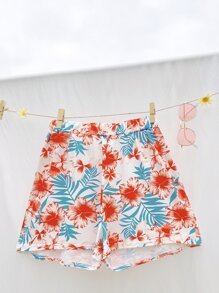 花卉彈性腰身短褲 - 彩色 - 查看 1