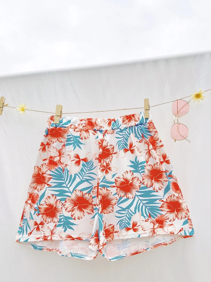 花卉彈性腰身短褲 - 彩色 - 查看 1