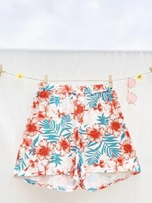花卉彈性腰身短褲 - 彩色 - 查看 5