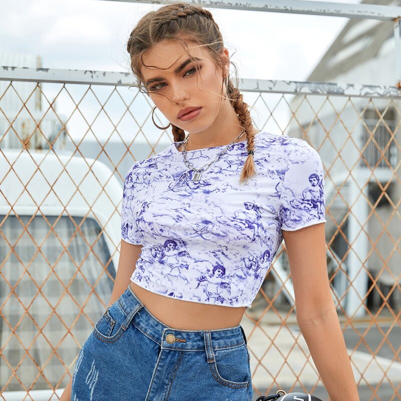 

Tie Dye & Graphic Print Rib Knit Crop Tee, Blue and white