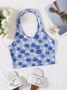 SHEIN Holidaya 印花露背螺紋針織吊脖短款上衣 - 藍白色 - 查看 1