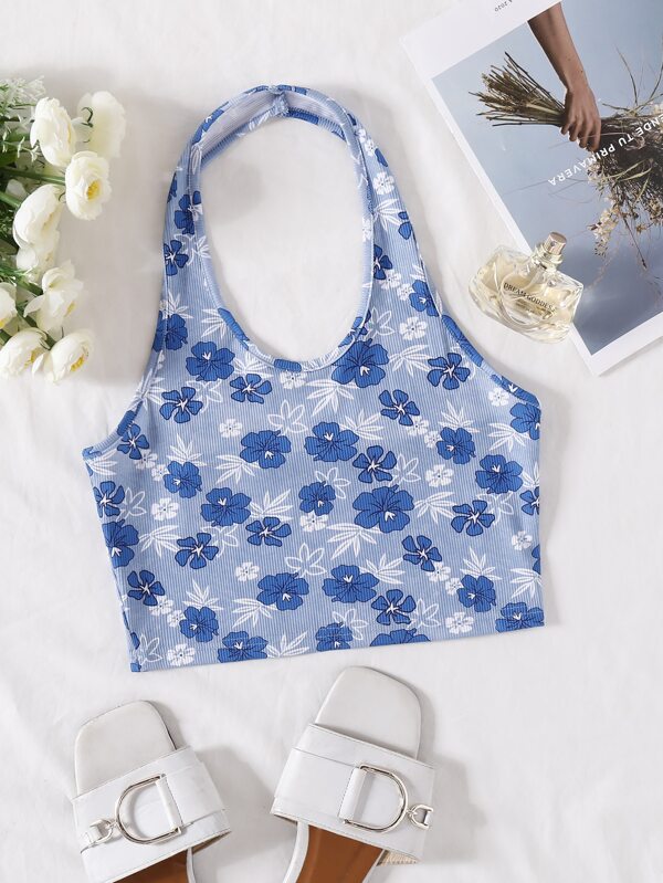 SHEIN Holidaya 印花露背螺紋針織吊脖短款上衣