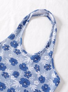 SHEIN Holidaya 印花露背螺紋針織吊脖短款上衣 - 藍白色 - 查看 5