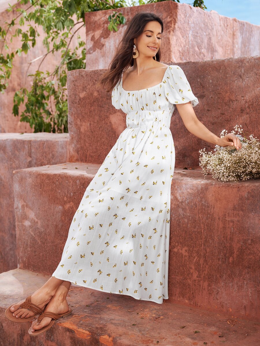 SHEIN Đầm Xù Hoa Boho - trắng - Xem 1