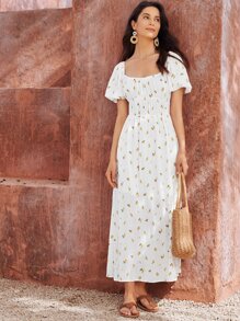 SHEIN Đầm Xù Hoa Boho - trắng - Xem 4