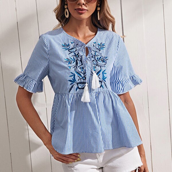 

Bell Sleeve Tassel Tie Neck Floral Embroidered Peplum Top, Blue and white