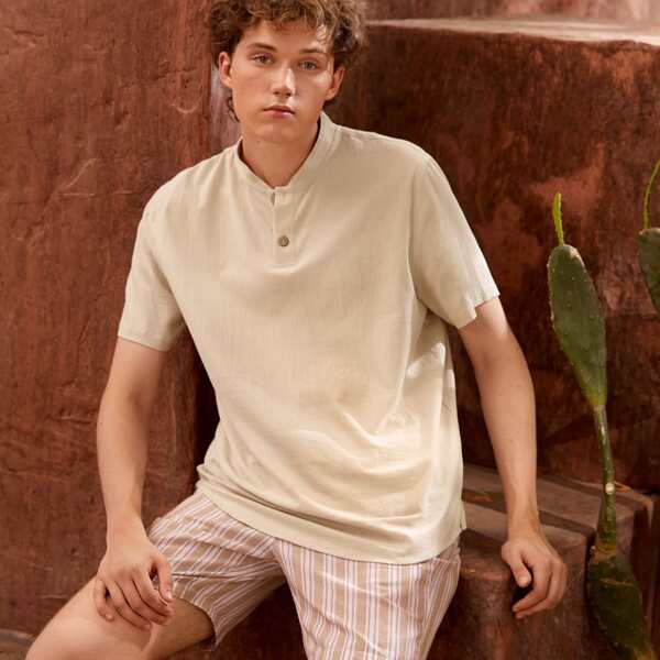

Men Solid Button Half Placket Shirt, Khaki