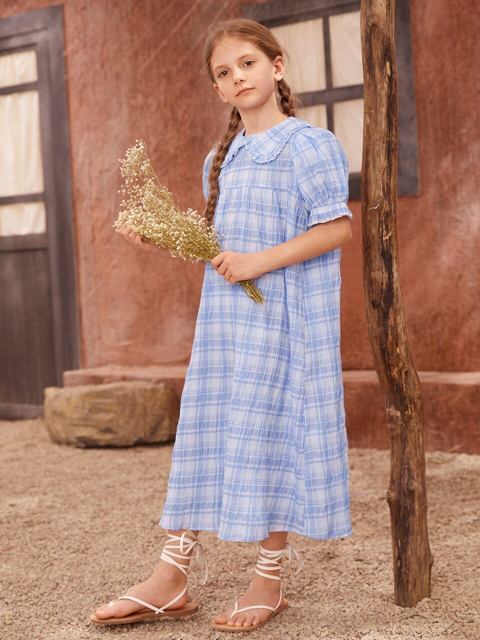 Girls Frill Trim Peter-pan Collar Puff Sleeve Ruffle Cuff Plaid Dress