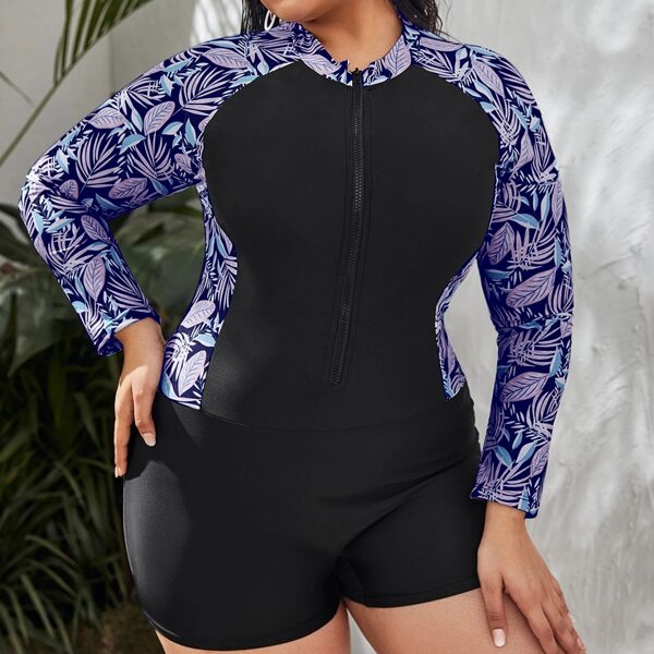 

Plus Plant Print Zip Front One Piece Swimsuit, Black