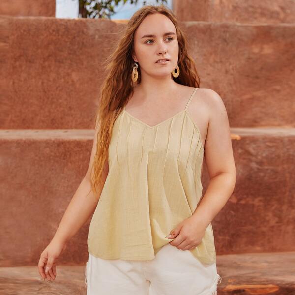 

Plus Fold Pleated Solid Cami Top, Khaki